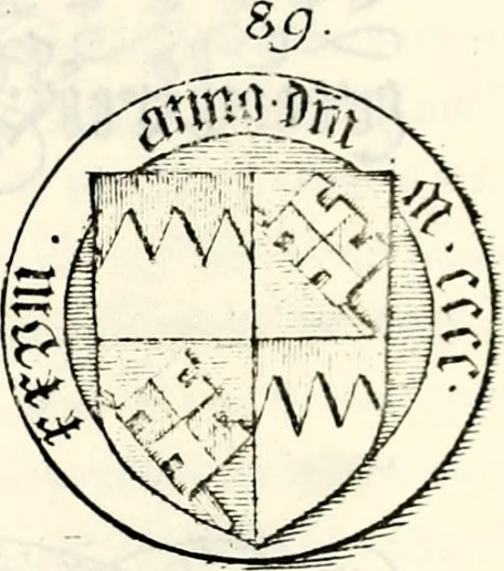 An illustration from Proben des hohen Teütschen Reichs Adels, oder, Sammlungen alter Denkmäler, Grabsteinen, Wappen, Inn- und Urschriften, u: d: nach ihrem wahren Urbilde aufgenommen unter offener Treüe bewähret und durch Anenbäume auch sonstige Nachrichten erkläret und erläuteret, 1775, leaf 388