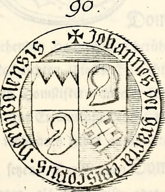 An illustration from Proben des hohen Teütschen Reichs Adels, oder, Sammlungen alter Denkmäler, Grabsteinen, Wappen, Inn- und Urschriften, u: d: nach ihrem wahren Urbilde aufgenommen unter offener Treüe bewähret und durch Anenbäume auch sonstige Nachrichten erkläret und erläuteret, 1775, leaf 388