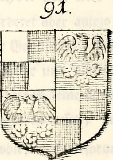 An illustration from Proben des hohen Teütschen Reichs Adels, oder, Sammlungen alter Denkmäler, Grabsteinen, Wappen, Inn- und Urschriften, u: d: nach ihrem wahren Urbilde aufgenommen unter offener Treüe bewähret und durch Anenbäume auch sonstige Nachrichten erkläret und erläuteret, 1775, leaf 388