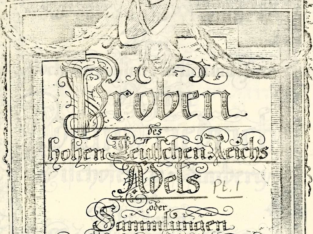 An illustration from Proben des hohen Teütschen Reichs Adels, oder, Sammlungen alter Denkmäler, Grabsteinen, Wappen, Inn- und Urschriften, u: d: nach ihrem wahren Urbilde aufgenommen unter offener Treüe bewähret und durch Anenbäume auch sonstige Nachrichten erkläret und erläuteret, 1775, leaf 4