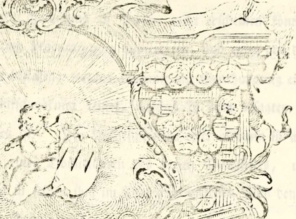 An illustration from Proben des hohen Teütschen Reichs Adels, oder, Sammlungen alter Denkmäler, Grabsteinen, Wappen, Inn- und Urschriften, u: d: nach ihrem wahren Urbilde aufgenommen unter offener Treüe bewähret und durch Anenbäume auch sonstige Nachrichten erkläret und erläuteret, 1775, leaf 464