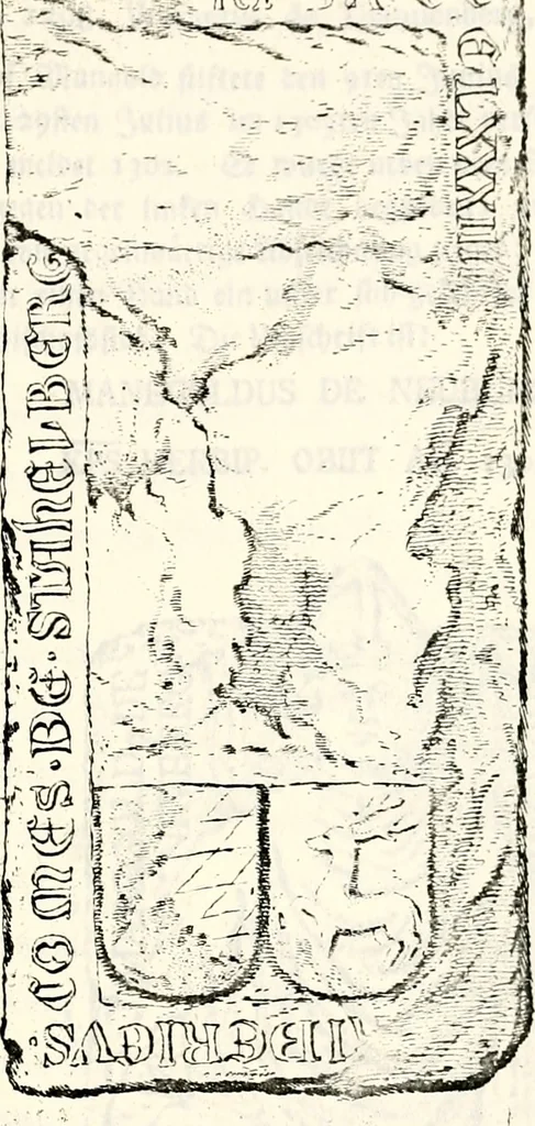 An illustration from Proben des hohen Teütschen Reichs Adels, oder, Sammlungen alter Denkmäler, Grabsteinen, Wappen, Inn- und Urschriften, u: d: nach ihrem wahren Urbilde aufgenommen unter offener Treüe bewähret und durch Anenbäume auch sonstige Nachrichten erkläret und erläuteret, 1775, leaf 556