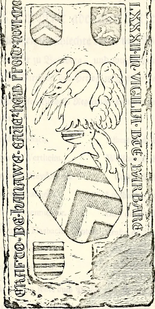 An illustration from Proben des hohen Teütschen Reichs Adels, oder, Sammlungen alter Denkmäler, Grabsteinen, Wappen, Inn- und Urschriften, u: d: nach ihrem wahren Urbilde aufgenommen unter offener Treüe bewähret und durch Anenbäume auch sonstige Nachrichten erkläret und erläuteret, 1775, leaf 576