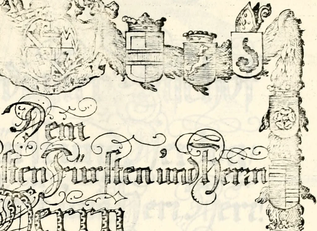 An illustration from Proben des hohen Teütschen Reichs Adels, oder, Sammlungen alter Denkmäler, Grabsteinen, Wappen, Inn- und Urschriften, u: d: nach ihrem wahren Urbilde aufgenommen unter offener Treüe bewähret und durch Anenbäume auch sonstige Nachrichten erkläret und erläuteret, 1775, leaf 6
