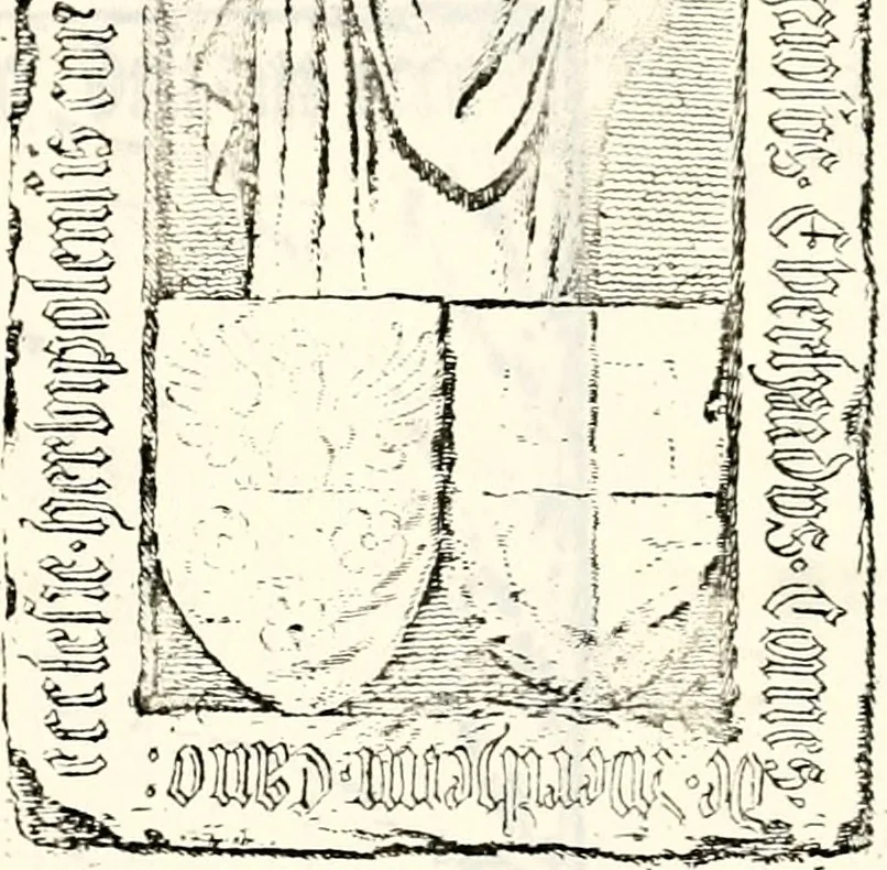 An illustration from Proben des hohen Teütschen Reichs Adels, oder, Sammlungen alter Denkmäler, Grabsteinen, Wappen, Inn- und Urschriften, u: d: nach ihrem wahren Urbilde aufgenommen unter offener Treüe bewähret und durch Anenbäume auch sonstige Nachrichten erkläret und erläuteret, 1775, leaf 608