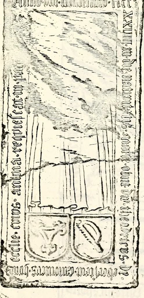 An illustration from Proben des hohen Teütschen Reichs Adels, oder, Sammlungen alter Denkmäler, Grabsteinen, Wappen, Inn- und Urschriften, u: d: nach ihrem wahren Urbilde aufgenommen unter offener Treüe bewähret und durch Anenbäume auch sonstige Nachrichten erkläret und erläuteret, 1775, leaf 634