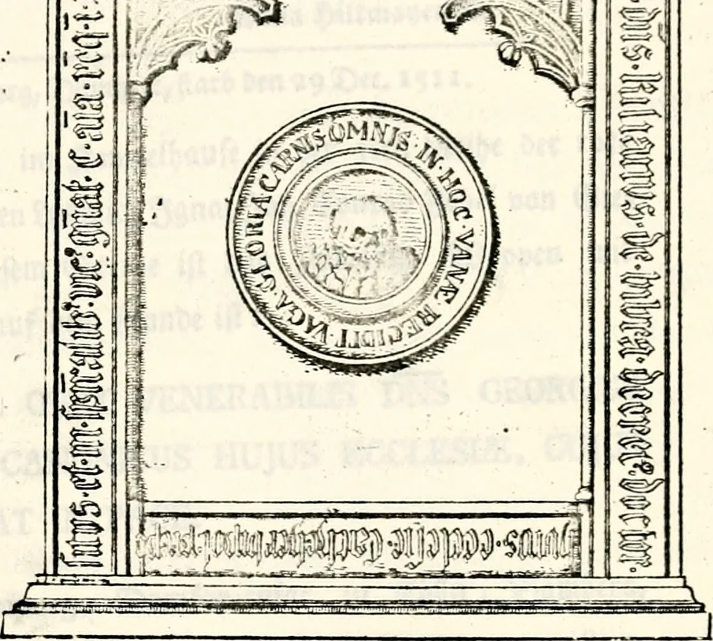 An illustration from Proben des hohen Teütschen Reichs Adels, oder, Sammlungen alter Denkmäler, Grabsteinen, Wappen, Inn- und Urschriften, u: d: nach ihrem wahren Urbilde aufgenommen unter offener Treüe bewähret und durch Anenbäume auch sonstige Nachrichten erkläret und erläuteret, 1775, leaf 656