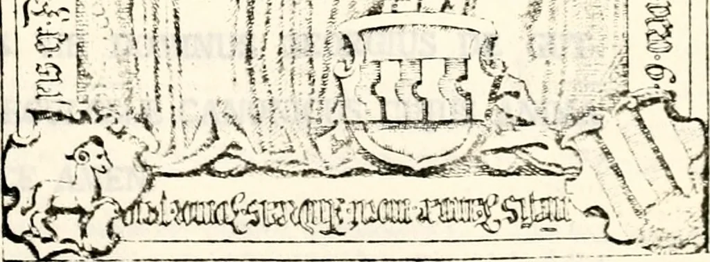 An illustration from Proben des hohen Teütschen Reichs Adels, oder, Sammlungen alter Denkmäler, Grabsteinen, Wappen, Inn- und Urschriften, u: d: nach ihrem wahren Urbilde aufgenommen unter offener Treüe bewähret und durch Anenbäume auch sonstige Nachrichten erkläret und erläuteret, 1775, leaf 664