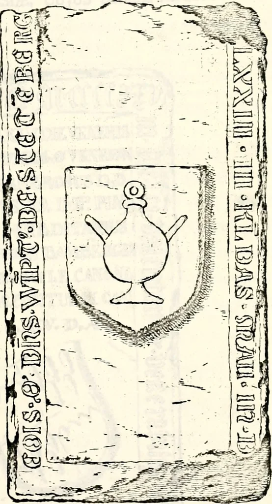 An illustration from Proben des hohen Teütschen Reichs Adels, oder, Sammlungen alter Denkmäler, Grabsteinen, Wappen, Inn- und Urschriften, u: d: nach ihrem wahren Urbilde aufgenommen unter offener Treüe bewähret und durch Anenbäume auch sonstige Nachrichten erkläret und erläuteret, 1775, leaf 692