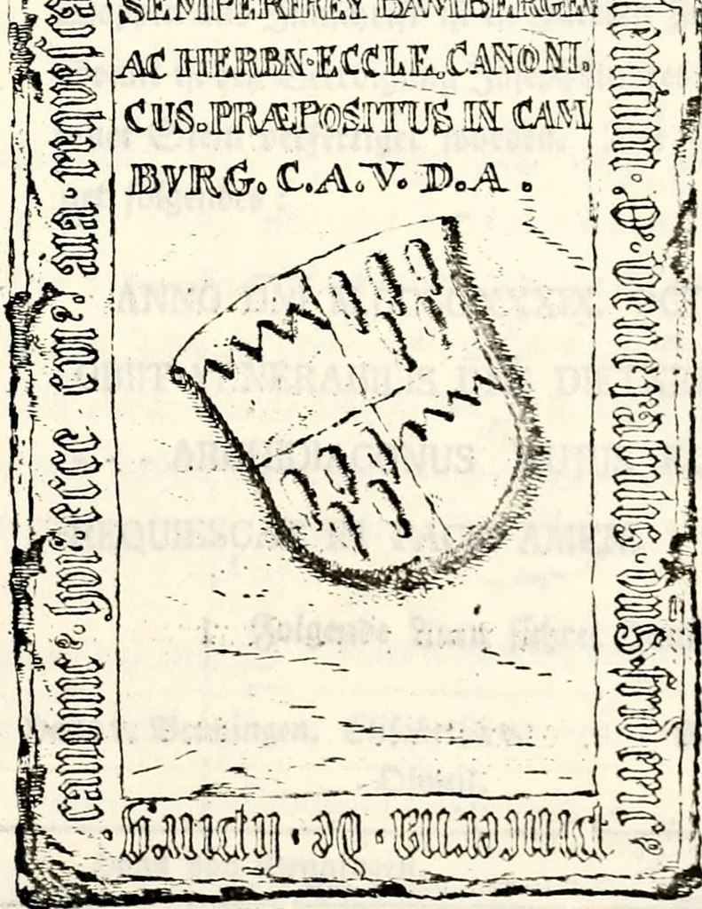 An illustration from Proben des hohen Teütschen Reichs Adels, oder, Sammlungen alter Denkmäler, Grabsteinen, Wappen, Inn- und Urschriften, u: d: nach ihrem wahren Urbilde aufgenommen unter offener Treüe bewähret und durch Anenbäume auch sonstige Nachrichten erkläret und erläuteret, 1775, leaf 694