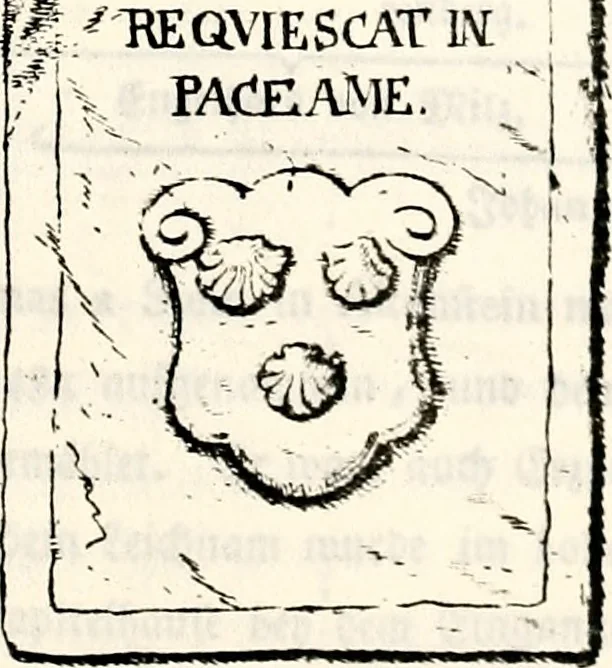 An illustration from Proben des hohen Teütschen Reichs Adels, oder, Sammlungen alter Denkmäler, Grabsteinen, Wappen, Inn- und Urschriften, u: d: nach ihrem wahren Urbilde aufgenommen unter offener Treüe bewähret und durch Anenbäume auch sonstige Nachrichten erkläret und erläuteret, 1775, leaf 742
