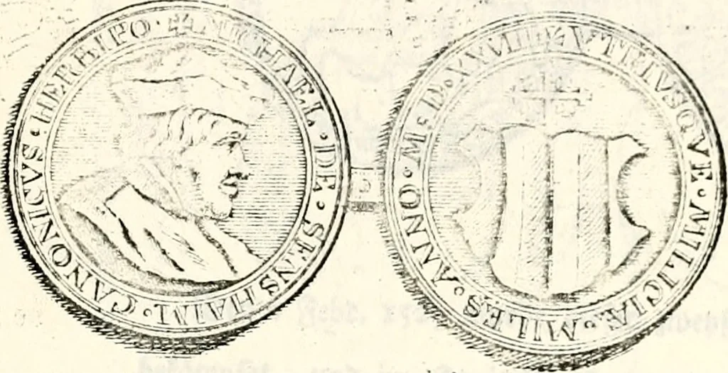 An illustration from Proben des hohen Teütschen Reichs Adels, oder, Sammlungen alter Denkmäler, Grabsteinen, Wappen, Inn- und Urschriften, u: d: nach ihrem wahren Urbilde aufgenommen unter offener Treüe bewähret und durch Anenbäume auch sonstige Nachrichten erkläret und erläuteret, 1775, leaf 794