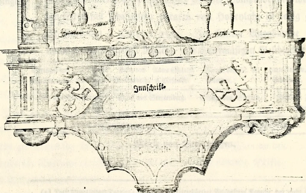 An illustration from Proben des hohen Teütschen Reichs Adels, oder, Sammlungen alter Denkmäler, Grabsteinen, Wappen, Inn- und Urschriften, u: d: nach ihrem wahren Urbilde aufgenommen unter offener Treüe bewähret und durch Anenbäume auch sonstige Nachrichten erkläret und erläuteret, 1775, leaf 112