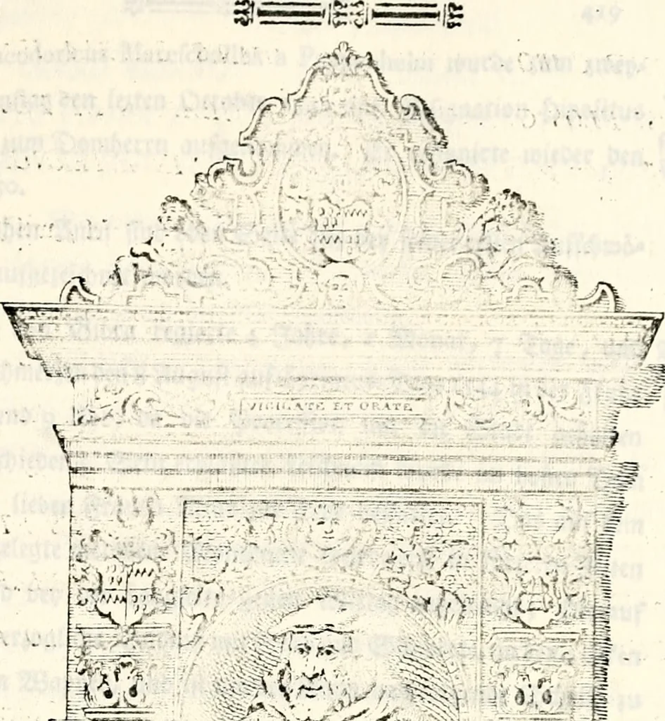 An illustration from Proben des hohen Teütschen Reichs Adels, oder, Sammlungen alter Denkmäler, Grabsteinen, Wappen, Inn- und Urschriften, u: d: nach ihrem wahren Urbilde aufgenommen unter offener Treüe bewähret und durch Anenbäume auch sonstige Nachrichten erkläret und erläuteret, 1775, leaf 126