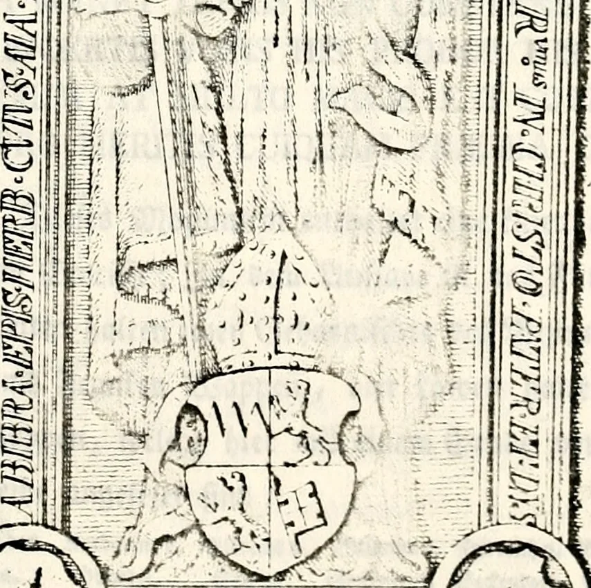 An illustration from Proben des hohen Teütschen Reichs Adels, oder, Sammlungen alter Denkmäler, Grabsteinen, Wappen, Inn- und Urschriften, u: d: nach ihrem wahren Urbilde aufgenommen unter offener Treüe bewähret und durch Anenbäume auch sonstige Nachrichten erkläret und erläuteret, 1775, leaf 128