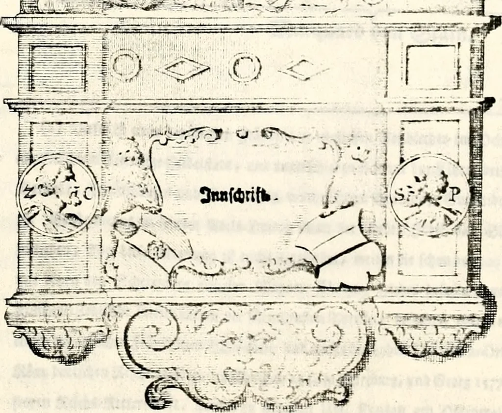 An illustration from Proben des hohen Teütschen Reichs Adels, oder, Sammlungen alter Denkmäler, Grabsteinen, Wappen, Inn- und Urschriften, u: d: nach ihrem wahren Urbilde aufgenommen unter offener Treüe bewähret und durch Anenbäume auch sonstige Nachrichten erkläret und erläuteret, 1775, leaf 132