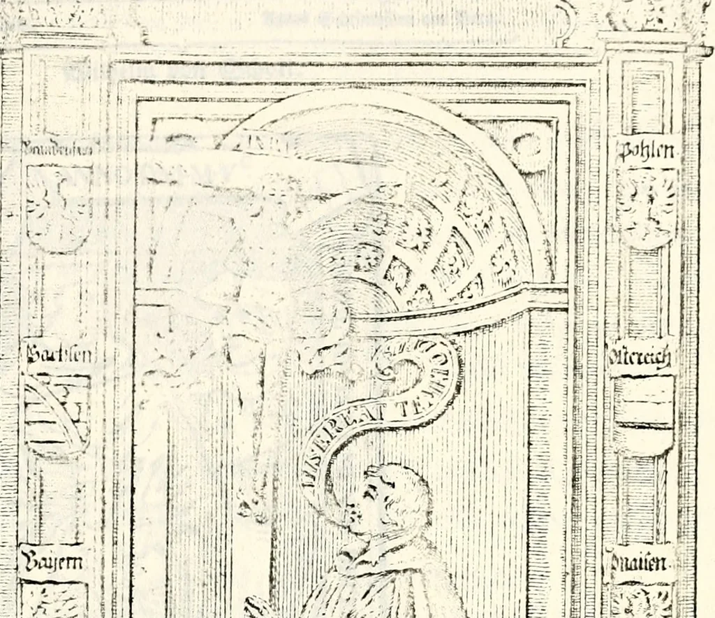 An illustration from Proben des hohen Teütschen Reichs Adels, oder, Sammlungen alter Denkmäler, Grabsteinen, Wappen, Inn- und Urschriften, u: d: nach ihrem wahren Urbilde aufgenommen unter offener Treüe bewähret und durch Anenbäume auch sonstige Nachrichten erkläret und erläuteret, 1775, leaf 14