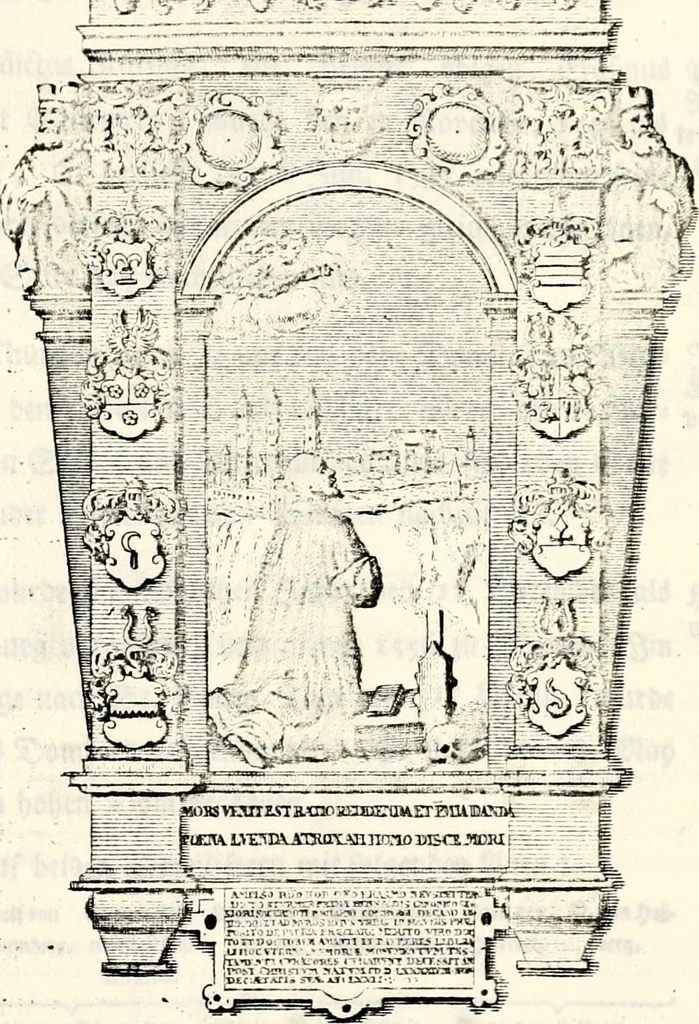An illustration from Proben des hohen Teütschen Reichs Adels, oder, Sammlungen alter Denkmäler, Grabsteinen, Wappen, Inn- und Urschriften, u: d: nach ihrem wahren Urbilde aufgenommen unter offener Treüe bewähret und durch Anenbäume auch sonstige Nachrichten erkläret und erläuteret, 1775, leaf 146