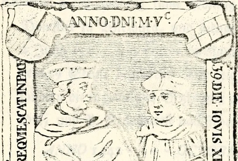 An illustration from Proben des hohen Teütschen Reichs Adels, oder, Sammlungen alter Denkmäler, Grabsteinen, Wappen, Inn- und Urschriften, u: d: nach ihrem wahren Urbilde aufgenommen unter offener Treüe bewähret und durch Anenbäume auch sonstige Nachrichten erkläret und erläuteret, 1775, leaf 16