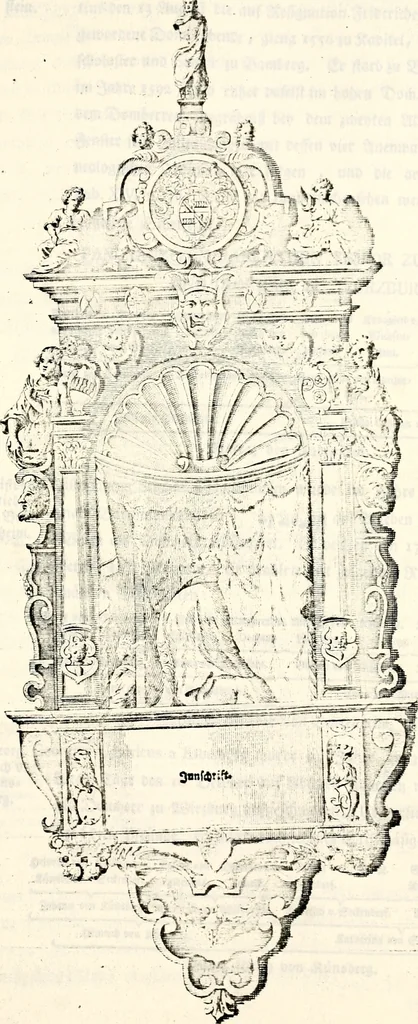 An illustration from Proben des hohen Teütschen Reichs Adels, oder, Sammlungen alter Denkmäler, Grabsteinen, Wappen, Inn- und Urschriften, u: d: nach ihrem wahren Urbilde aufgenommen unter offener Treüe bewähret und durch Anenbäume auch sonstige Nachrichten erkläret und erläuteret, 1775, leaf 164