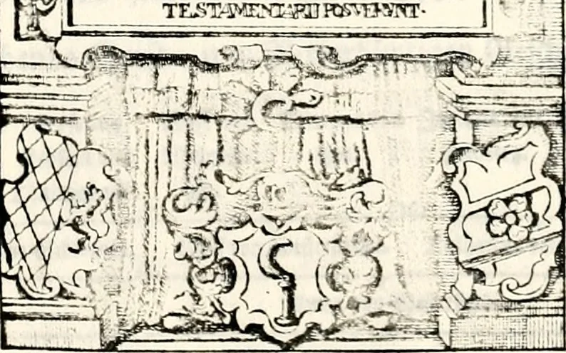 An illustration from Proben des hohen Teütschen Reichs Adels, oder, Sammlungen alter Denkmäler, Grabsteinen, Wappen, Inn- und Urschriften, u: d: nach ihrem wahren Urbilde aufgenommen unter offener Treüe bewähret und durch Anenbäume auch sonstige Nachrichten erkläret und erläuteret, 1775, leaf 178
