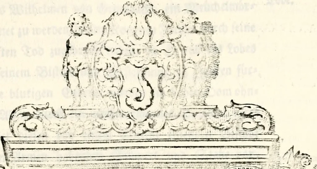 An illustration from Proben des hohen Teütschen Reichs Adels, oder, Sammlungen alter Denkmäler, Grabsteinen, Wappen, Inn- und Urschriften, u: d: nach ihrem wahren Urbilde aufgenommen unter offener Treüe bewähret und durch Anenbäume auch sonstige Nachrichten erkläret und erläuteret, 1775, leaf 202
