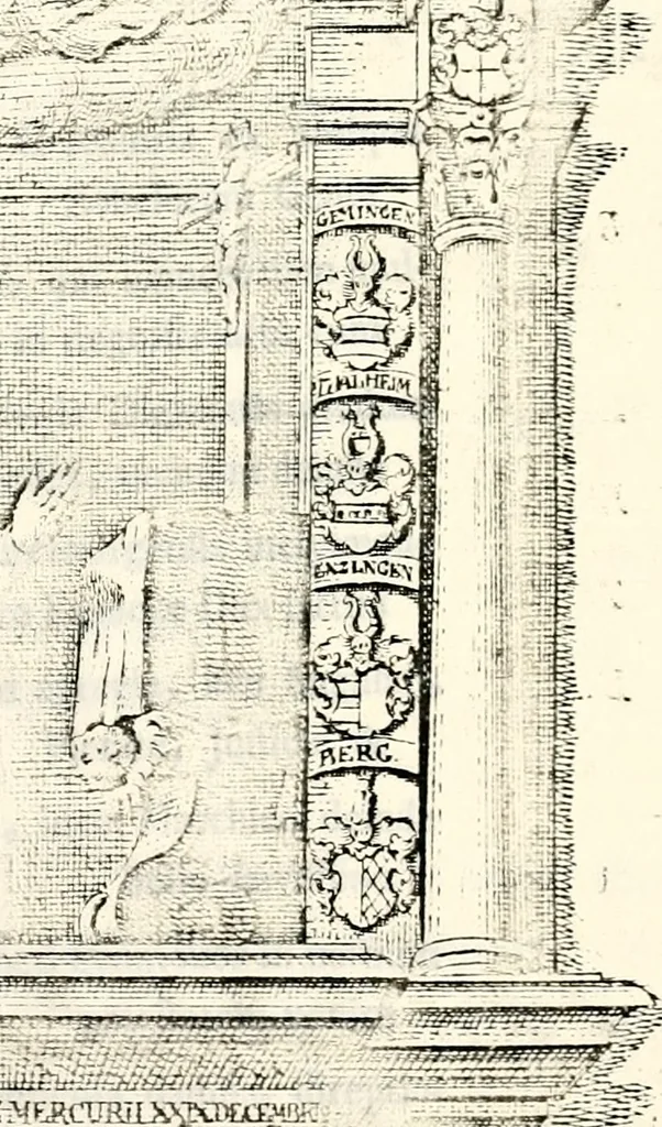 An illustration from Proben des hohen Teütschen Reichs Adels, oder, Sammlungen alter Denkmäler, Grabsteinen, Wappen, Inn- und Urschriften, u: d: nach ihrem wahren Urbilde aufgenommen unter offener Treüe bewähret und durch Anenbäume auch sonstige Nachrichten erkläret und erläuteret, 1775, leaf 202