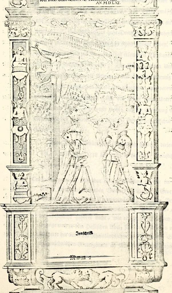 An illustration from Proben des hohen Teütschen Reichs Adels, oder, Sammlungen alter Denkmäler, Grabsteinen, Wappen, Inn- und Urschriften, u: d: nach ihrem wahren Urbilde aufgenommen unter offener Treüe bewähret und durch Anenbäume auch sonstige Nachrichten erkläret und erläuteret, 1775, leaf 208