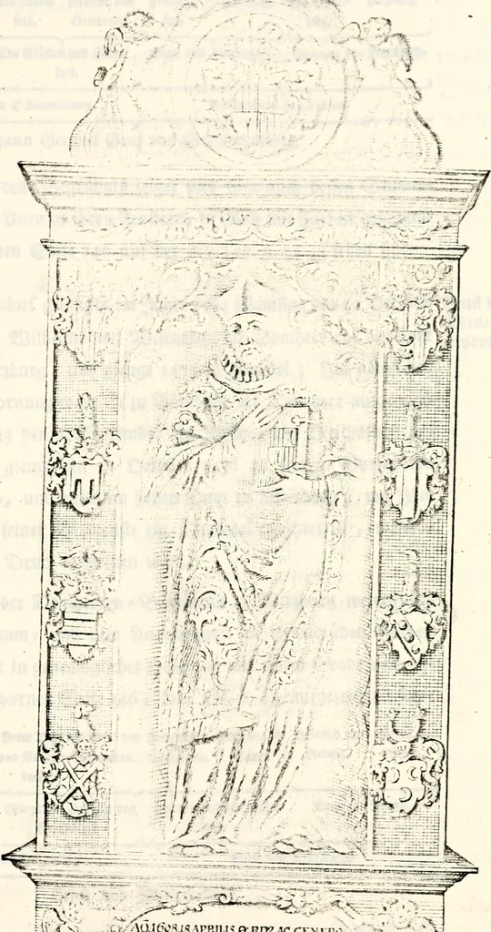 An illustration from Proben des hohen Teütschen Reichs Adels, oder, Sammlungen alter Denkmäler, Grabsteinen, Wappen, Inn- und Urschriften, u: d: nach ihrem wahren Urbilde aufgenommen unter offener Treüe bewähret und durch Anenbäume auch sonstige Nachrichten erkläret und erläuteret, 1775, leaf 222