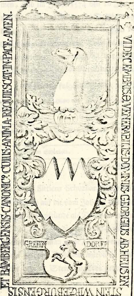 An illustration from Proben des hohen Teütschen Reichs Adels, oder, Sammlungen alter Denkmäler, Grabsteinen, Wappen, Inn- und Urschriften, u: d: nach ihrem wahren Urbilde aufgenommen unter offener Treüe bewähret und durch Anenbäume auch sonstige Nachrichten erkläret und erläuteret, 1775, leaf 236