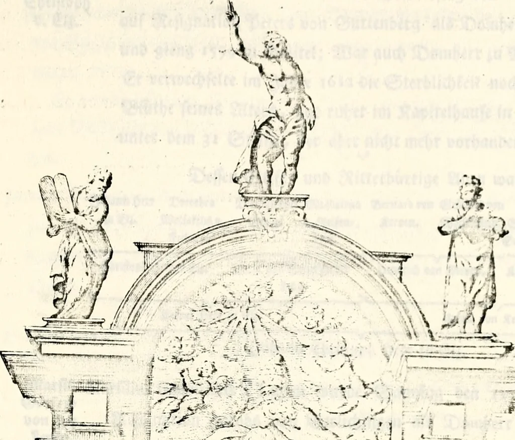 An illustration from Proben des hohen Teütschen Reichs Adels, oder, Sammlungen alter Denkmäler, Grabsteinen, Wappen, Inn- und Urschriften, u: d: nach ihrem wahren Urbilde aufgenommen unter offener Treüe bewähret und durch Anenbäume auch sonstige Nachrichten erkläret und erläuteret, 1775, leaf 292