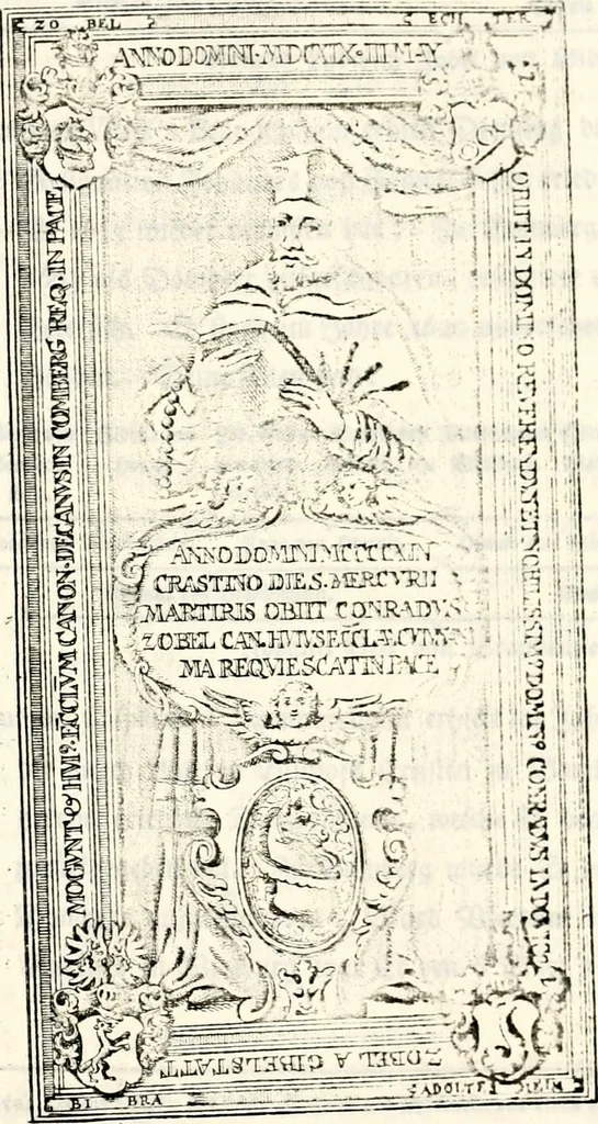 An illustration from Proben des hohen Teütschen Reichs Adels, oder, Sammlungen alter Denkmäler, Grabsteinen, Wappen, Inn- und Urschriften, u: d: nach ihrem wahren Urbilde aufgenommen unter offener Treüe bewähret und durch Anenbäume auch sonstige Nachrichten erkläret und erläuteret, 1775, leaf 300