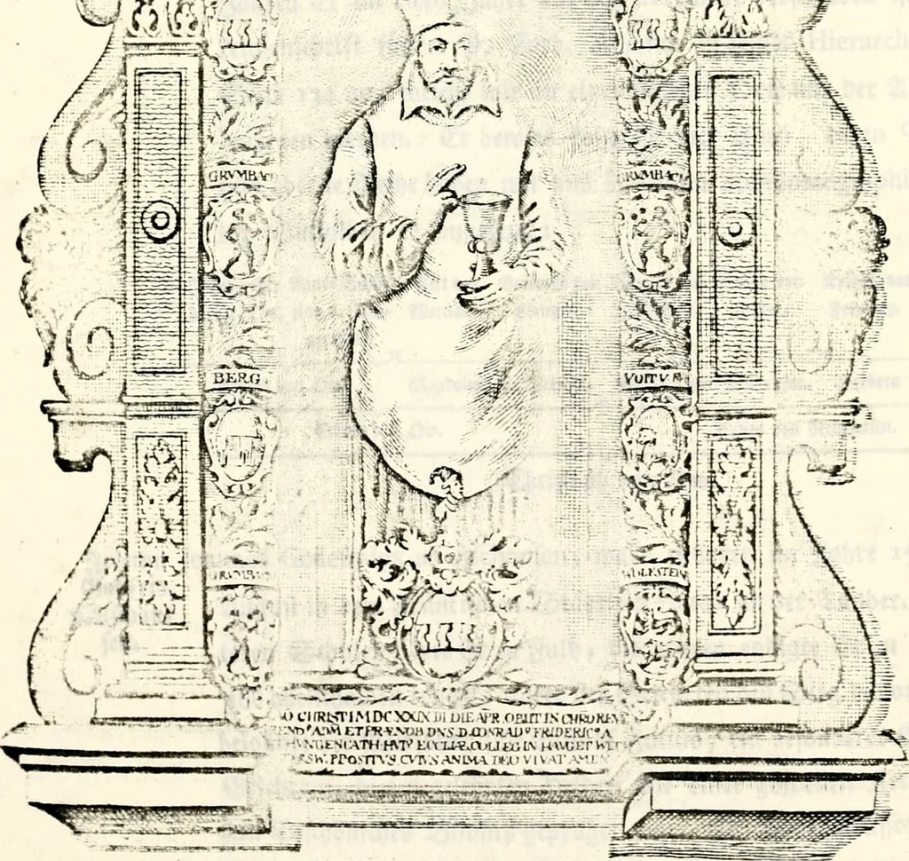 An illustration from Proben des hohen Teütschen Reichs Adels, oder, Sammlungen alter Denkmäler, Grabsteinen, Wappen, Inn- und Urschriften, u: d: nach ihrem wahren Urbilde aufgenommen unter offener Treüe bewähret und durch Anenbäume auch sonstige Nachrichten erkläret und erläuteret, 1775, leaf 308