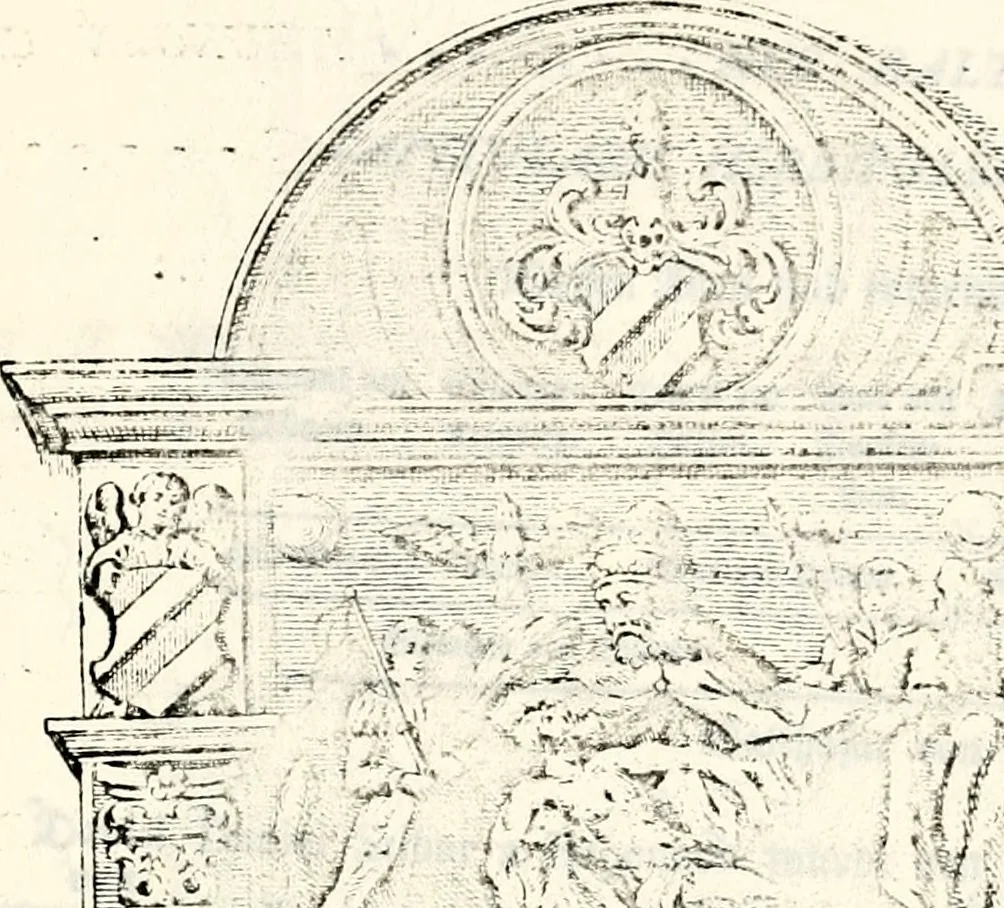 An illustration from Proben des hohen Teütschen Reichs Adels, oder, Sammlungen alter Denkmäler, Grabsteinen, Wappen, Inn- und Urschriften, u: d: nach ihrem wahren Urbilde aufgenommen unter offener Treüe bewähret und durch Anenbäume auch sonstige Nachrichten erkläret und erläuteret, 1775, leaf 32