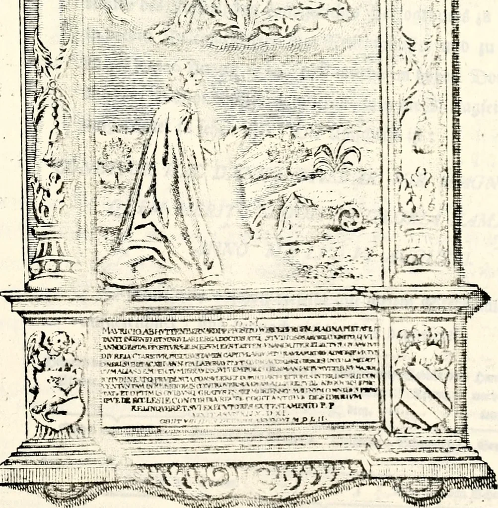 An illustration from Proben des hohen Teütschen Reichs Adels, oder, Sammlungen alter Denkmäler, Grabsteinen, Wappen, Inn- und Urschriften, u: d: nach ihrem wahren Urbilde aufgenommen unter offener Treüe bewähret und durch Anenbäume auch sonstige Nachrichten erkläret und erläuteret, 1775, leaf 32
