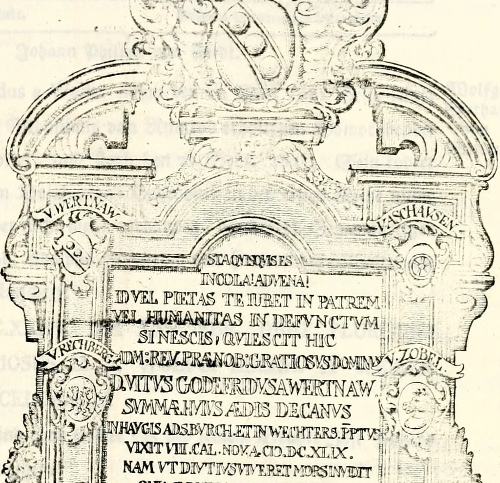 An illustration from Proben des hohen Teütschen Reichs Adels, oder, Sammlungen alter Denkmäler, Grabsteinen, Wappen, Inn- und Urschriften, u: d: nach ihrem wahren Urbilde aufgenommen unter offener Treüe bewähret und durch Anenbäume auch sonstige Nachrichten erkläret und erläuteret, 1775, leaf 350