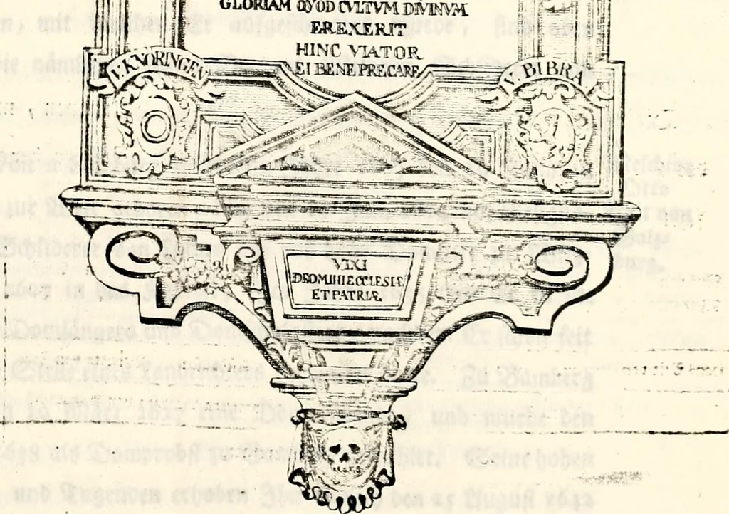 An illustration from Proben des hohen Teütschen Reichs Adels, oder, Sammlungen alter Denkmäler, Grabsteinen, Wappen, Inn- und Urschriften, u: d: nach ihrem wahren Urbilde aufgenommen unter offener Treüe bewähret und durch Anenbäume auch sonstige Nachrichten erkläret und erläuteret, 1775, leaf 350