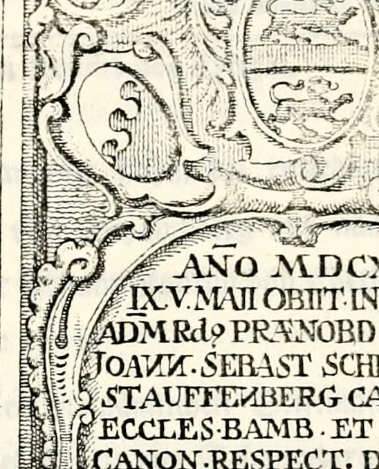 An illustration from Proben des hohen Teütschen Reichs Adels, oder, Sammlungen alter Denkmäler, Grabsteinen, Wappen, Inn- und Urschriften, u: d: nach ihrem wahren Urbilde aufgenommen unter offener Treüe bewähret und durch Anenbäume auch sonstige Nachrichten erkläret und erläuteret, 1775, leaf 358