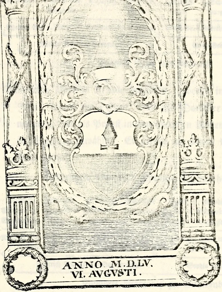 An illustration from Proben des hohen Teütschen Reichs Adels, oder, Sammlungen alter Denkmäler, Grabsteinen, Wappen, Inn- und Urschriften, u: d: nach ihrem wahren Urbilde aufgenommen unter offener Treüe bewähret und durch Anenbäume auch sonstige Nachrichten erkläret und erläuteret, 1775, leaf 36