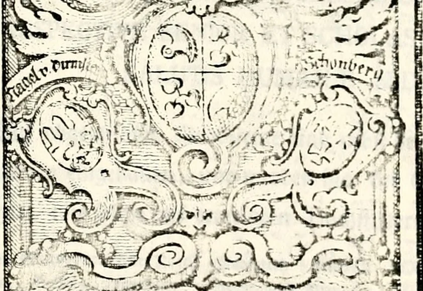 An illustration from Proben des hohen Teütschen Reichs Adels, oder, Sammlungen alter Denkmäler, Grabsteinen, Wappen, Inn- und Urschriften, u: d: nach ihrem wahren Urbilde aufgenommen unter offener Treüe bewähret und durch Anenbäume auch sonstige Nachrichten erkläret und erläuteret, 1775, leaf 376
