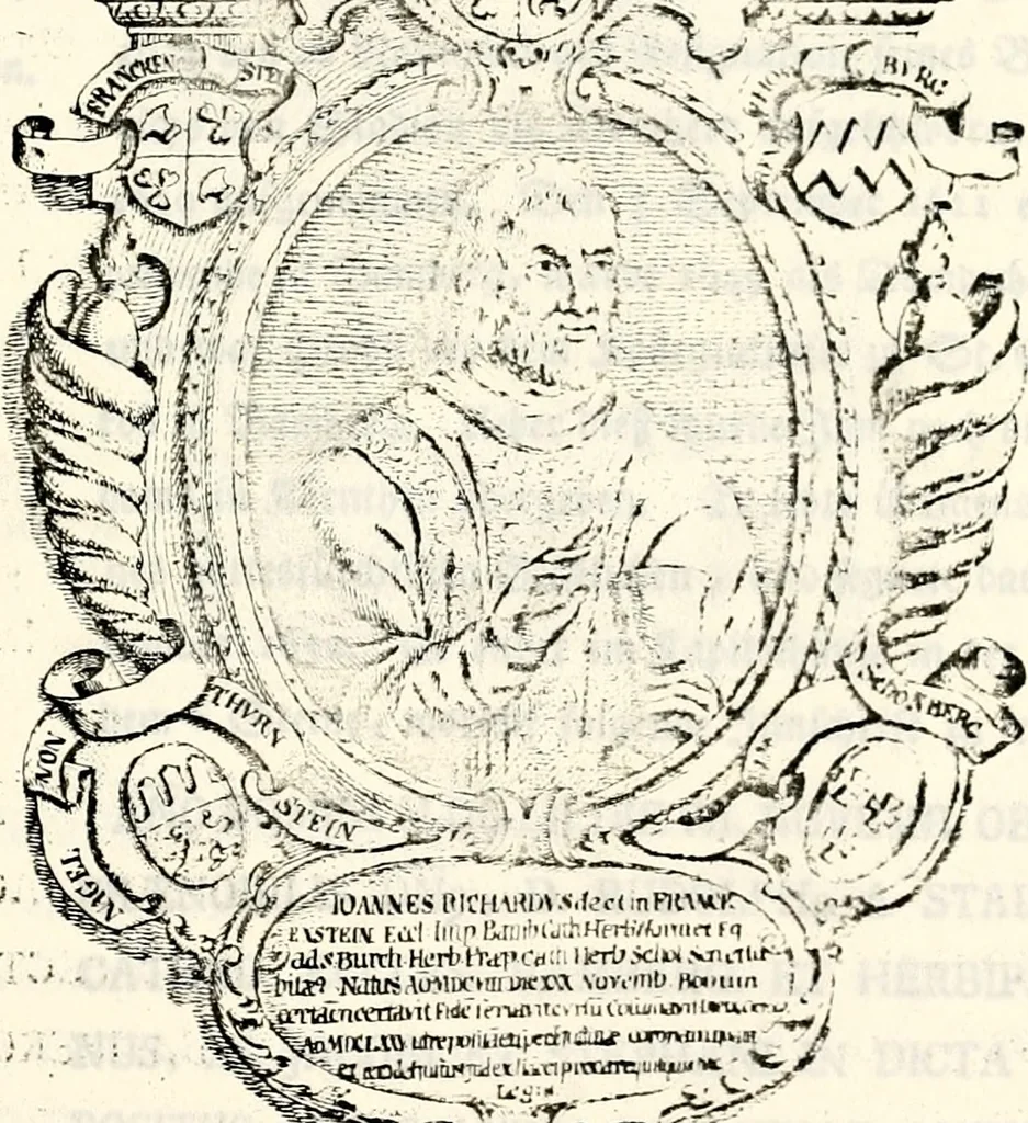An illustration from Proben des hohen Teütschen Reichs Adels, oder, Sammlungen alter Denkmäler, Grabsteinen, Wappen, Inn- und Urschriften, u: d: nach ihrem wahren Urbilde aufgenommen unter offener Treüe bewähret und durch Anenbäume auch sonstige Nachrichten erkläret und erläuteret, 1775, leaf 380