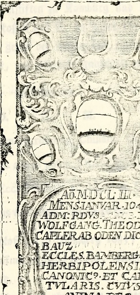 An illustration from Proben des hohen Teütschen Reichs Adels, oder, Sammlungen alter Denkmäler, Grabsteinen, Wappen, Inn- und Urschriften, u: d: nach ihrem wahren Urbilde aufgenommen unter offener Treüe bewähret und durch Anenbäume auch sonstige Nachrichten erkläret und erläuteret, 1775, leaf 410