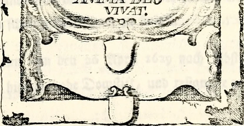 An illustration from Proben des hohen Teütschen Reichs Adels, oder, Sammlungen alter Denkmäler, Grabsteinen, Wappen, Inn- und Urschriften, u: d: nach ihrem wahren Urbilde aufgenommen unter offener Treüe bewähret und durch Anenbäume auch sonstige Nachrichten erkläret und erläuteret, 1775, leaf 410