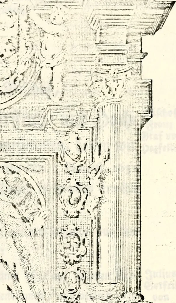 An illustration from Proben des hohen Teütschen Reichs Adels, oder, Sammlungen alter Denkmäler, Grabsteinen, Wappen, Inn- und Urschriften, u: d: nach ihrem wahren Urbilde aufgenommen unter offener Treüe bewähret und durch Anenbäume auch sonstige Nachrichten erkläret und erläuteret, 1775, leaf 418