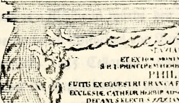An illustration from Proben des hohen Teütschen Reichs Adels, oder, Sammlungen alter Denkmäler, Grabsteinen, Wappen, Inn- und Urschriften, u: d: nach ihrem wahren Urbilde aufgenommen unter offener Treüe bewähret und durch Anenbäume auch sonstige Nachrichten erkläret und erläuteret, 1775, leaf 418
