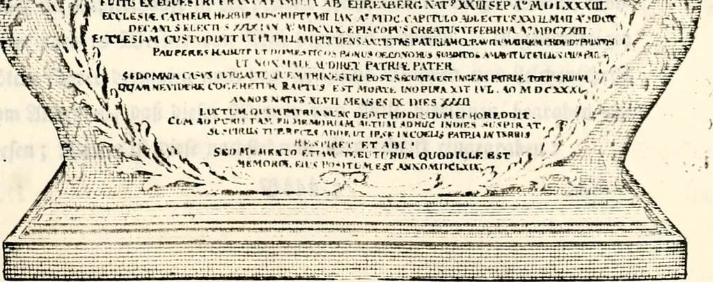 An illustration from Proben des hohen Teütschen Reichs Adels, oder, Sammlungen alter Denkmäler, Grabsteinen, Wappen, Inn- und Urschriften, u: d: nach ihrem wahren Urbilde aufgenommen unter offener Treüe bewähret und durch Anenbäume auch sonstige Nachrichten erkläret und erläuteret, 1775, leaf 418
