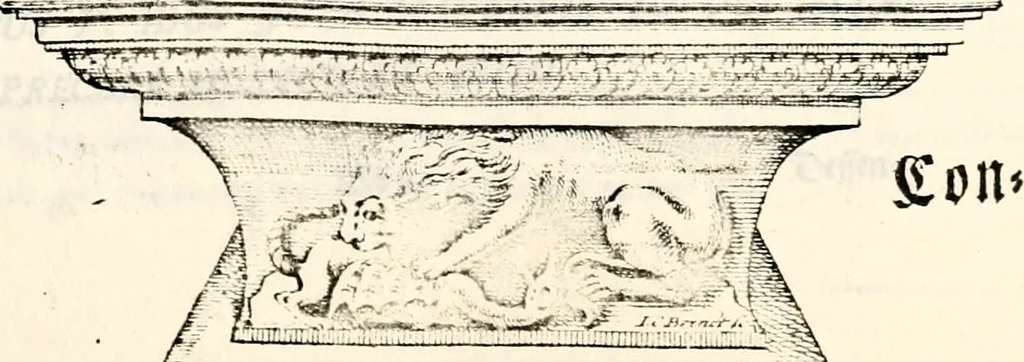 An illustration from Proben des hohen Teütschen Reichs Adels, oder, Sammlungen alter Denkmäler, Grabsteinen, Wappen, Inn- und Urschriften, u: d: nach ihrem wahren Urbilde aufgenommen unter offener Treüe bewähret und durch Anenbäume auch sonstige Nachrichten erkläret und erläuteret, 1775, leaf 42