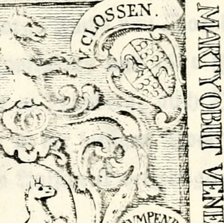 An illustration from Proben des hohen Teütschen Reichs Adels, oder, Sammlungen alter Denkmäler, Grabsteinen, Wappen, Inn- und Urschriften, u: d: nach ihrem wahren Urbilde aufgenommen unter offener Treüe bewähret und durch Anenbäume auch sonstige Nachrichten erkläret und erläuteret, 1775, leaf 422