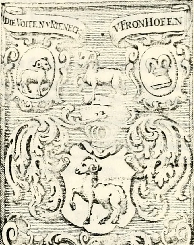 An illustration from Proben des hohen Teütschen Reichs Adels, oder, Sammlungen alter Denkmäler, Grabsteinen, Wappen, Inn- und Urschriften, u: d: nach ihrem wahren Urbilde aufgenommen unter offener Treüe bewähret und durch Anenbäume auch sonstige Nachrichten erkläret und erläuteret, 1775, leaf 430
