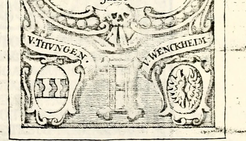 An illustration from Proben des hohen Teütschen Reichs Adels, oder, Sammlungen alter Denkmäler, Grabsteinen, Wappen, Inn- und Urschriften, u: d: nach ihrem wahren Urbilde aufgenommen unter offener Treüe bewähret und durch Anenbäume auch sonstige Nachrichten erkläret und erläuteret, 1775, leaf 430